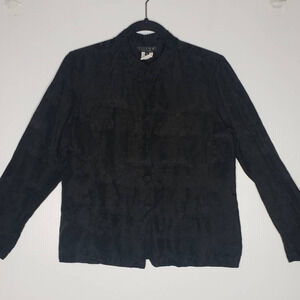 Citron Boxy Jacket Linen Silk Jacquard Black Mandarin Collar Button Small Goth